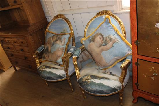 Pair carved giltwood fauteuils, two cushions & a similarly upholstered headboard